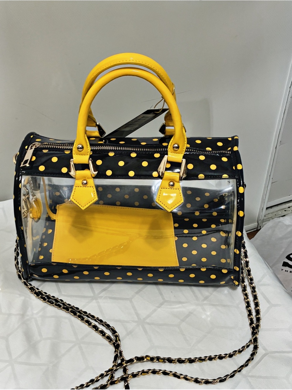 Stadium approved CLEAR bag NWT DustBag BagCharm black yellow polkadot